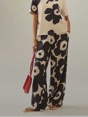 Marimekko Floral Wide-Leg Trousers  Anthropologie Black,  Navy and Cream